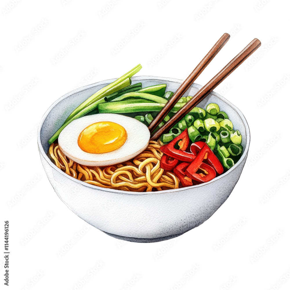 Vibrant Watercolor Bowl of Ramen Noodles with Toppings Vibrant Watercolor Bowl of Ramen Noodles with Toppings