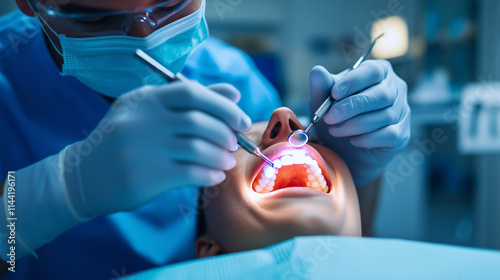 A detailed view of a dentist in a mask and gloves, using a dental scaler on a patientâs teeth, the setting illuminated by a sleek LED dental light in a modern clinic