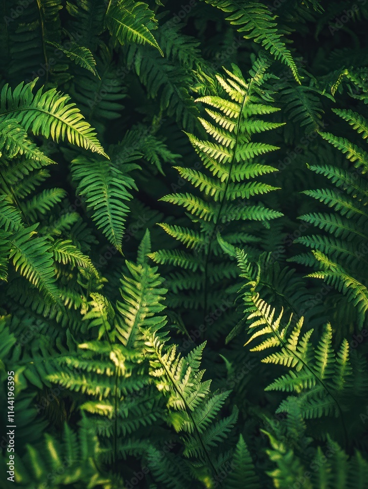 Fern leaves illuminated by sunlight creating a vibrant green pattern. Fern leaves illuminated by sunlight creating a vibrant green pattern.