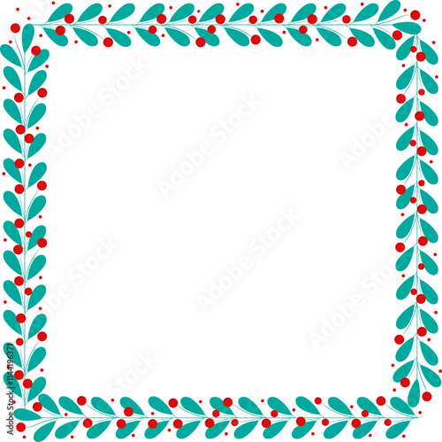 Square Frame Decorated With Green Leaves And Red Cherry Berries