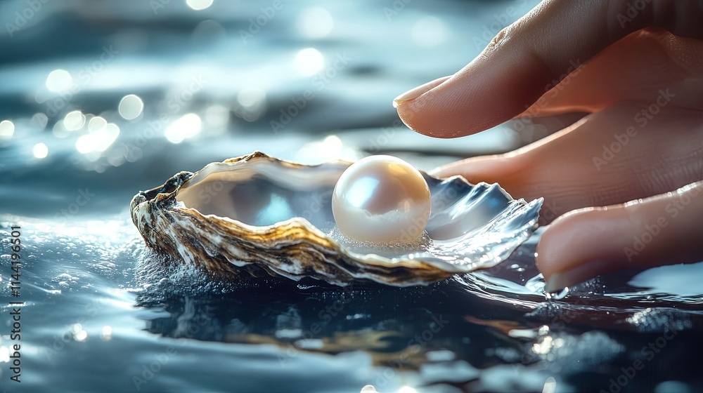 Hand touching pearl in oyster shell in water. Hand touching pearl in oyster shell in water.