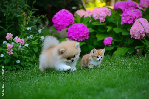 Playful puppy and kitten in colorful flower garden nature photography outdoor scene