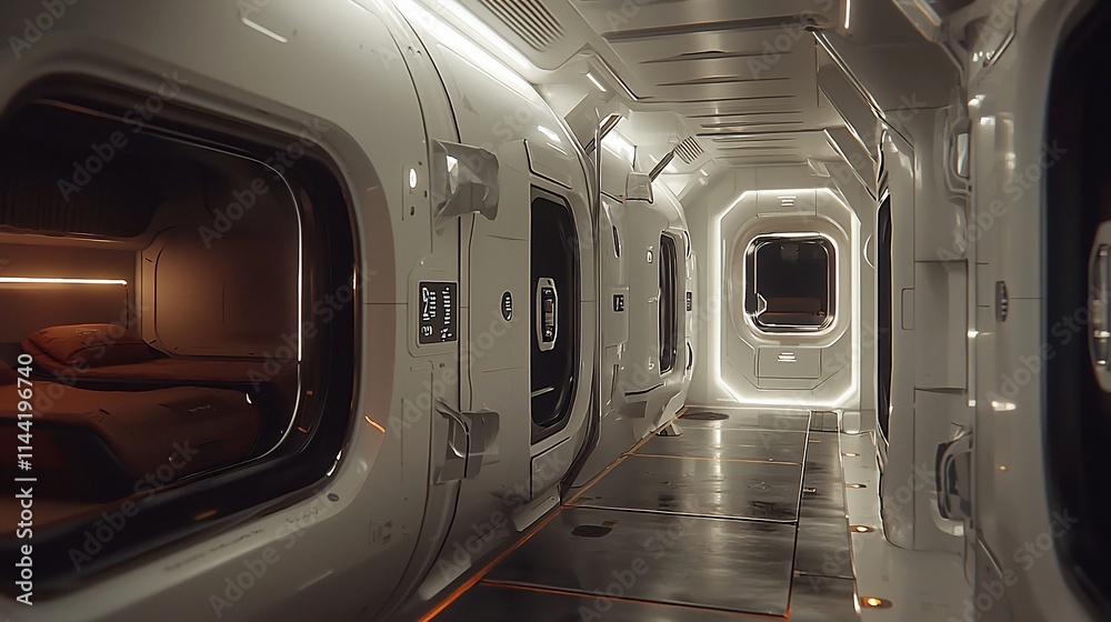 Futuristic spaceship corridor with sleeping pods. Futuristic spaceship corridor with sleeping pods.