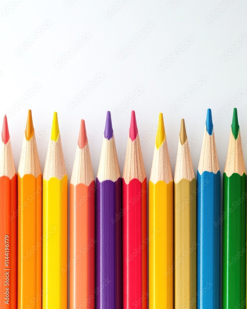 Row of colored pencils, bright, vibrant, on white background. Row of colored pencils, bright, vibrant, on white background.