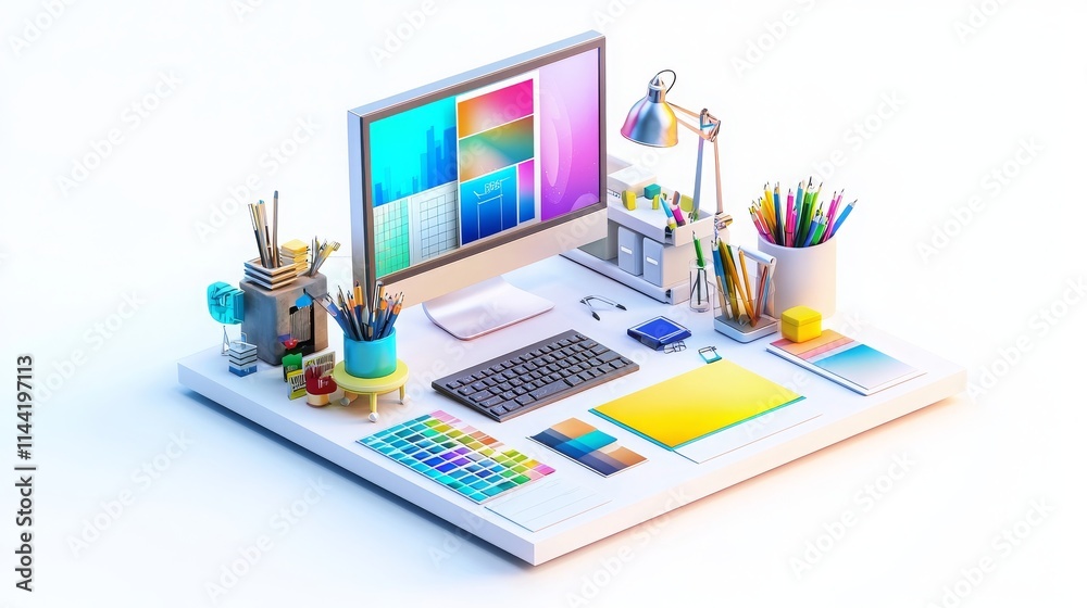 Modern Graphic Design Workspace with Tools and Monitor Modern Graphic Design Workspace with Tools and Monitor