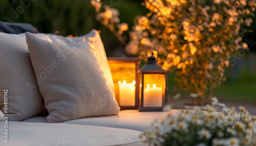 A cozy outdoor setting featuring decorative pillows, softly glowing candles, and blooming flowers, perfect for a relaxing evening ambiance.