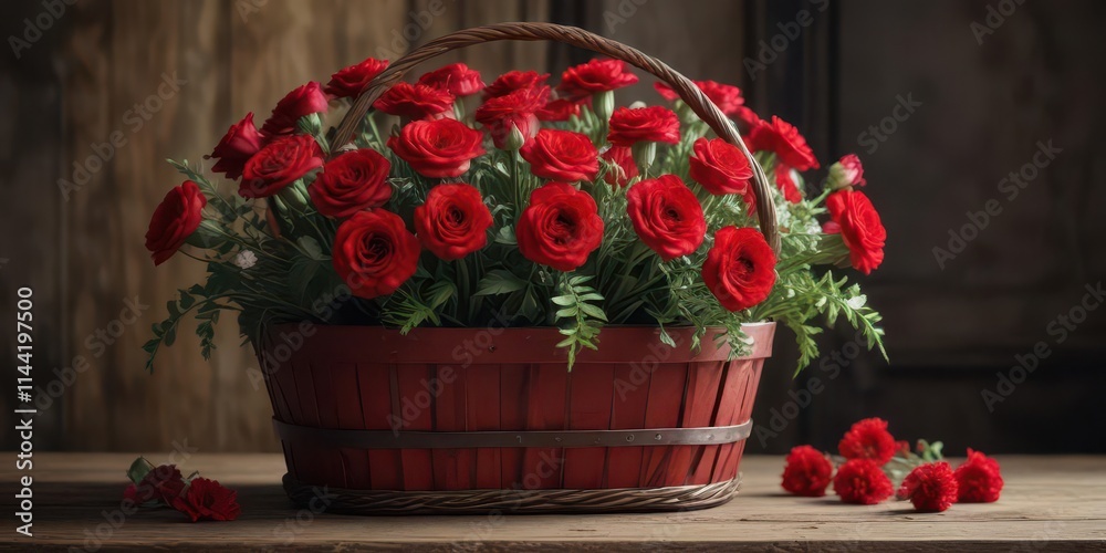 Crimson roses and carnations in a rustic red basket, stunning flowers, valentines, flower basket Crimson roses and carnations in a rustic red basket, stunning flowers, valentines, flower basket
