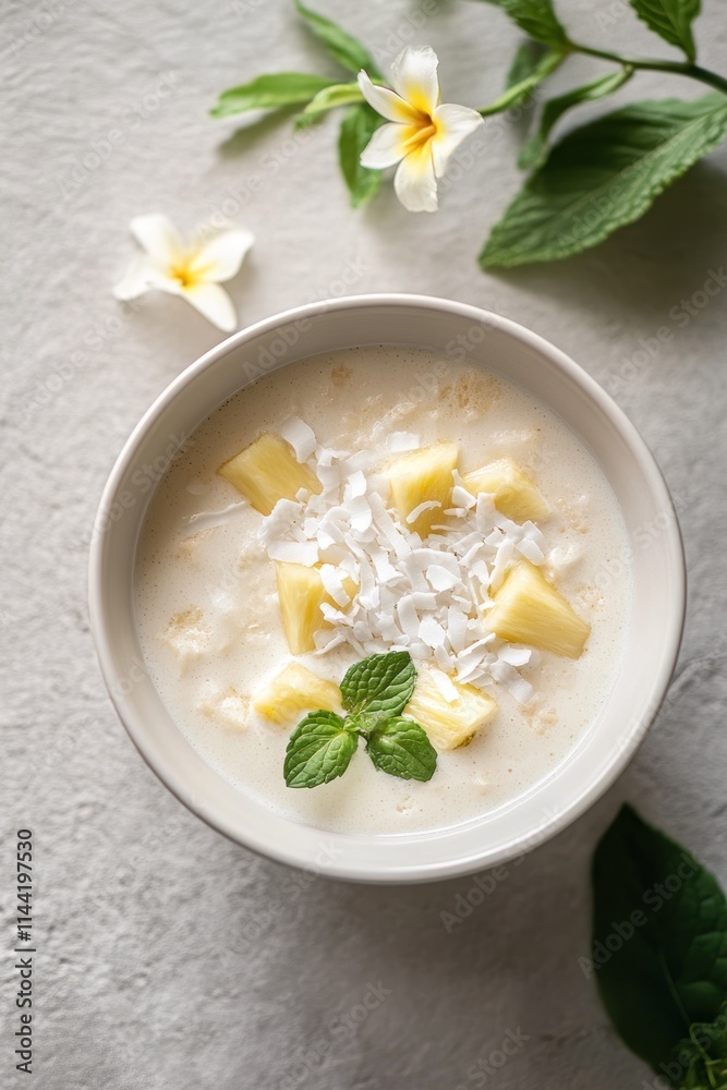 Pineapple tapioca with coconut and mint, top view. Pineapple tapioca with coconut and mint, top view.