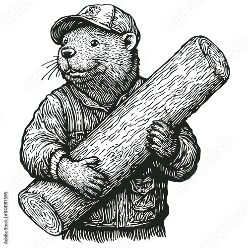 Beaver lumberjack carrying a log, engraving style, vector illustration.