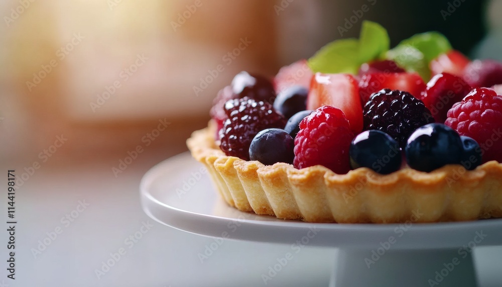 A delicious fruit tart topped with a variety of fresh berries, elegantly displayed on a white cake stand, perfect for dessert lovers. A delicious fruit tart topped with a variety of fresh berries, elegantly displayed on a white cake stand, perfect for dessert lovers.