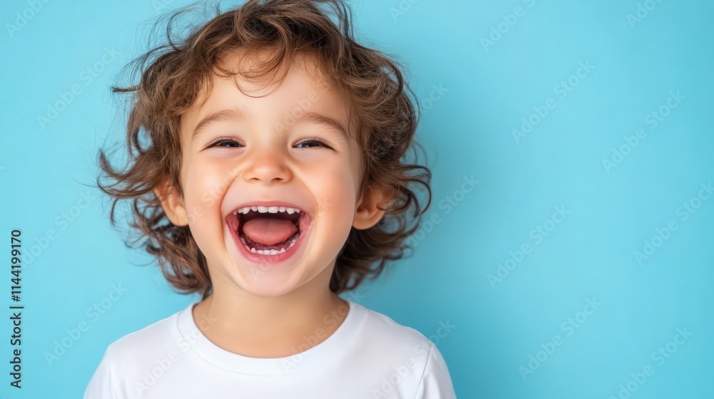 A young child with curly hair is smiling and laughing