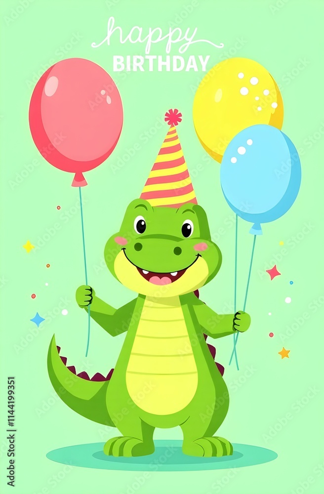 A crocodile in a party hat is holding three colorful balloons
