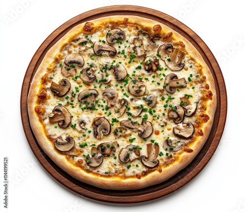 A top view of a round pizza with mushrooms and chives on a wooden plate, isolated on a white background. photo