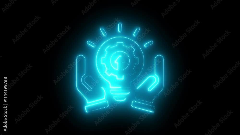 Hand bulb setting icon animation by cyan color neon on black background. Hand bulb setting icon animation by cyan color neon on black background.