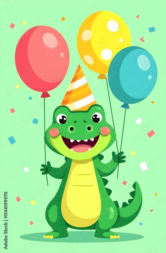 A crocodile in a party hat is holding three colorful balloons