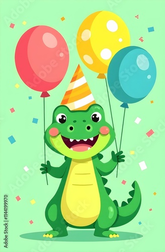 Obraz na płótnie A crocodile in a party hat is holding three colorful balloons w salonie