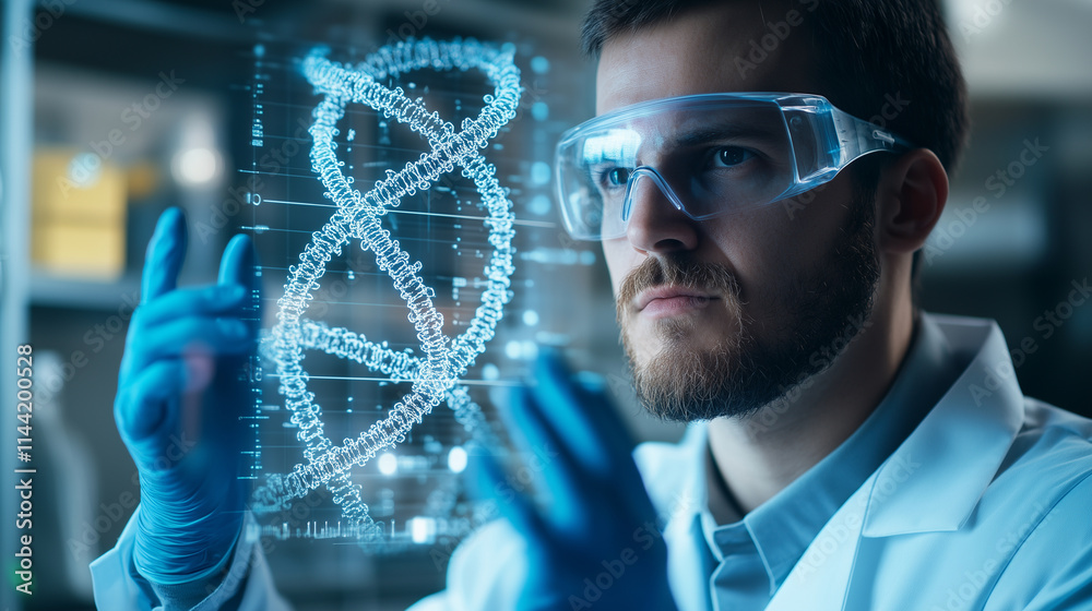 A scientist using gesture controls to rotate a digital model of a DNA double helix, fully protected by goggles and gloves, in a modern genetic engineering lab