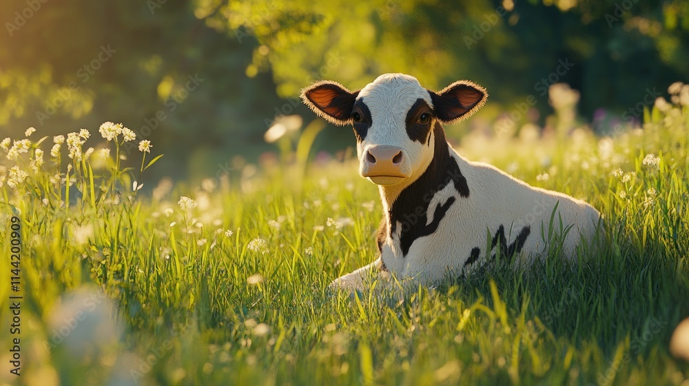 Fototapeta premium Charming young calf resting peacefully in a lush green field surrounded by wildflowers, basking in sunlight with a serene countryside background