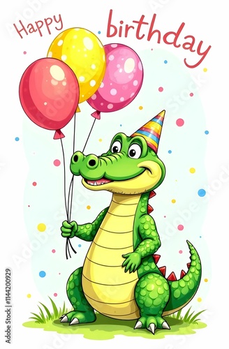 Obraz na płótnie A crocodile in a party hat is holding three colorful balloons w salonie