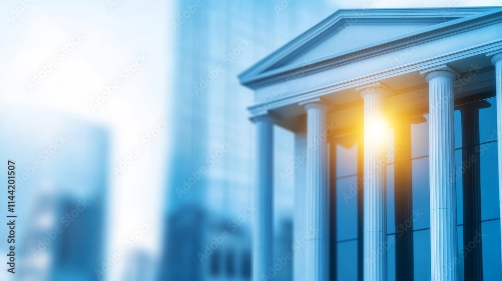 A modern building facade's close-up with classical columns, showcasing the contrast between traditional and contemporary architectural styles. A modern building facade's close-up with classical columns, showcasing the contrast between traditional and contemporary architectural styles.