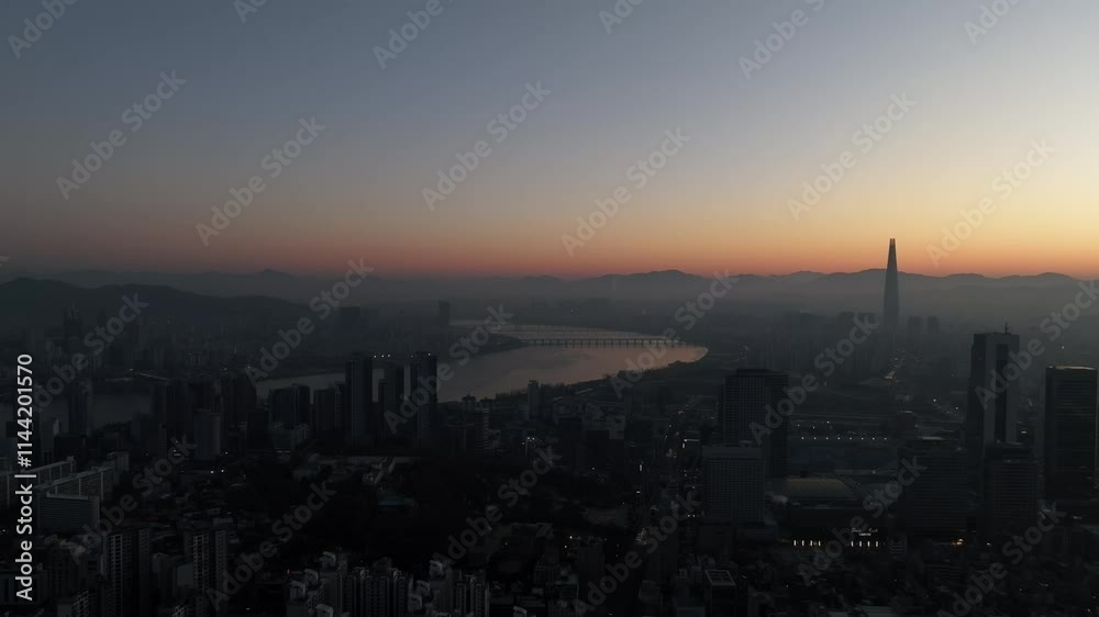 Aerial View of Seoul city in Sunrise of South Korea, Gangnam financial district, Winter Aerial View of Seoul city in Sunrise of South Korea, Gangnam financial district, Winter