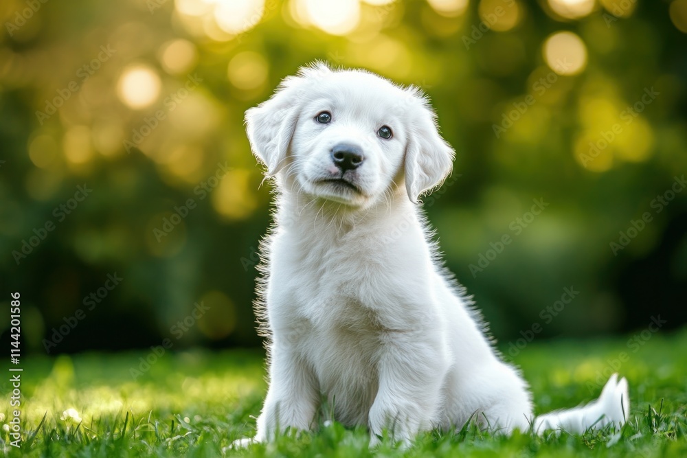 White puppy sits on green grass with sunny bokeh background. White puppy sits on green grass with sunny bokeh background.