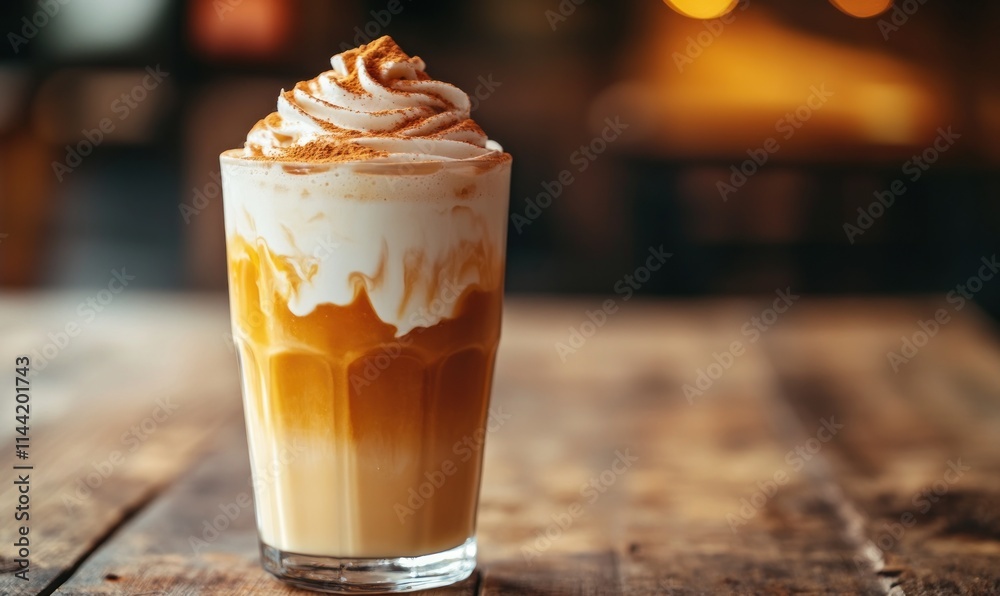 Iced latte topped with whipped cream and cinnamon on wooden table. Iced latte topped with whipped cream and cinnamon on wooden table.