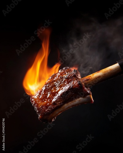 A mouthwatering piece of grilled meat with flames rising, showcasing a juicy, smoky flavor that tantalizes the senses and invites culinary delight. photo