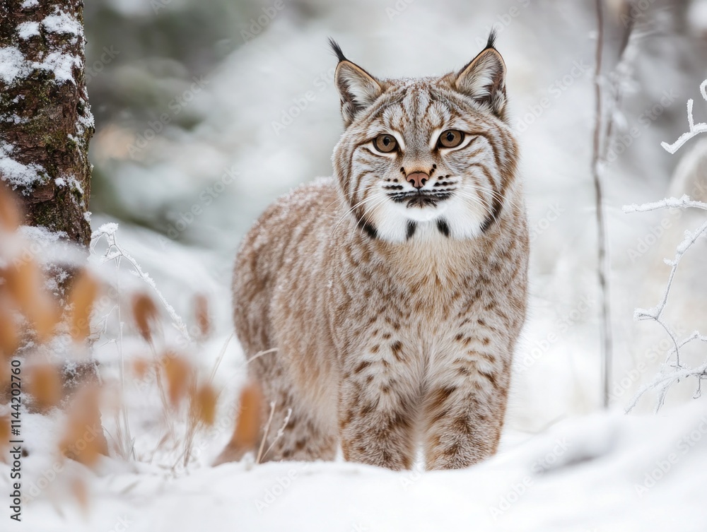 Wild bobcat stands in snowy woods. Wild bobcat stands in snowy woods.