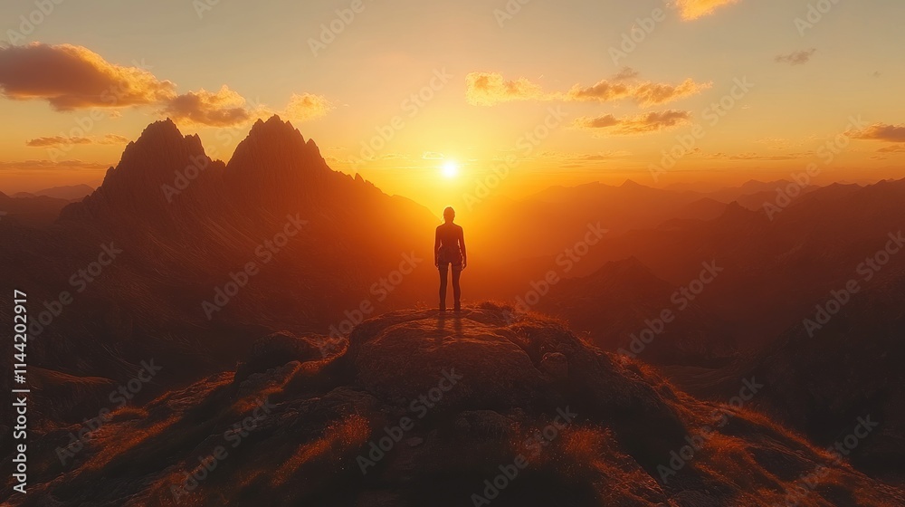 Silhouette against a sunset over mountain landscape.