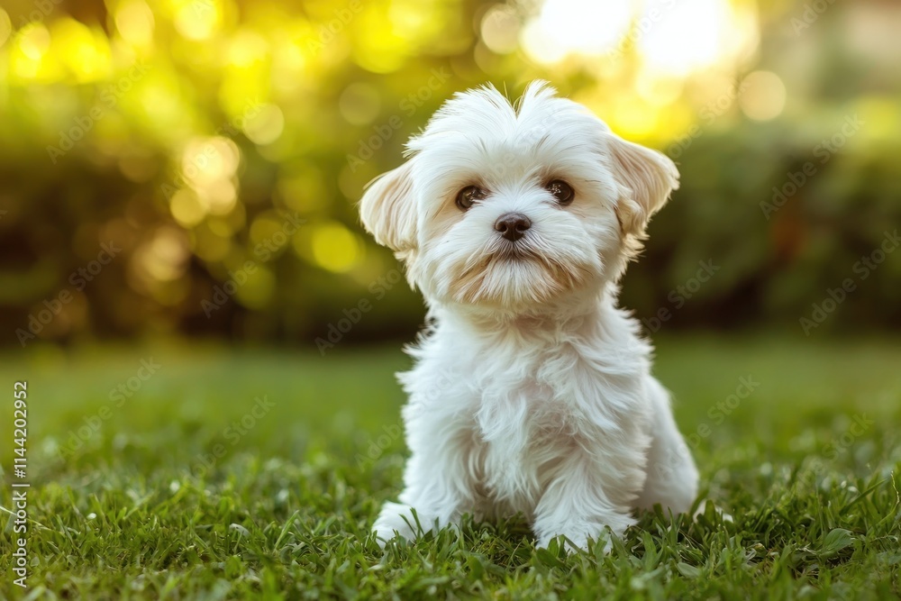 Cute white puppy sits on green grass, bright light. Cute white puppy sits on green grass, bright light.