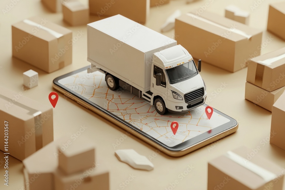 Delivery truck on phone map with boxes. Delivery truck on phone map with boxes.