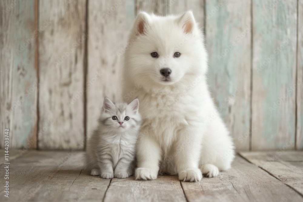 Fluffy white puppy and tabby kitten sit on wooden floor. Fluffy white puppy and tabby kitten sit on wooden floor.