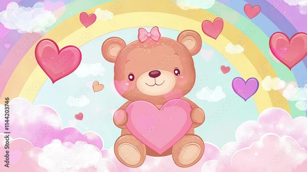 Fluffy Teddy Bear Hugging Red Love Heart on Pink Background Fluffy Teddy Bear Hugging Red Love Heart on Pink Background