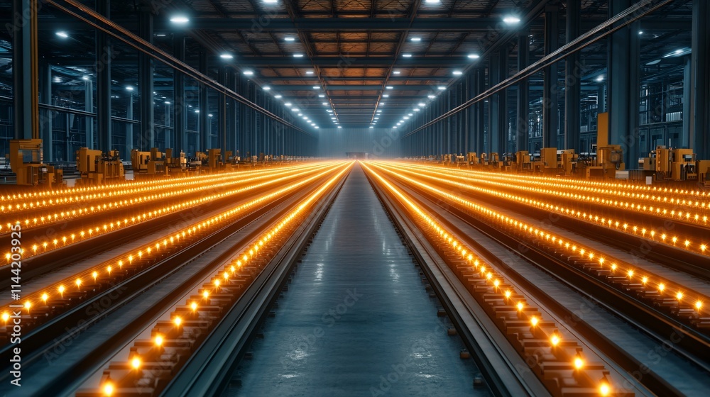 A vast industrial space featuring illuminated tracks, creating a symmetrical perspective that emphasizes depth and modernity. A vast industrial space featuring illuminated tracks, creating a symmetrical perspective that emphasizes depth and modernity.
