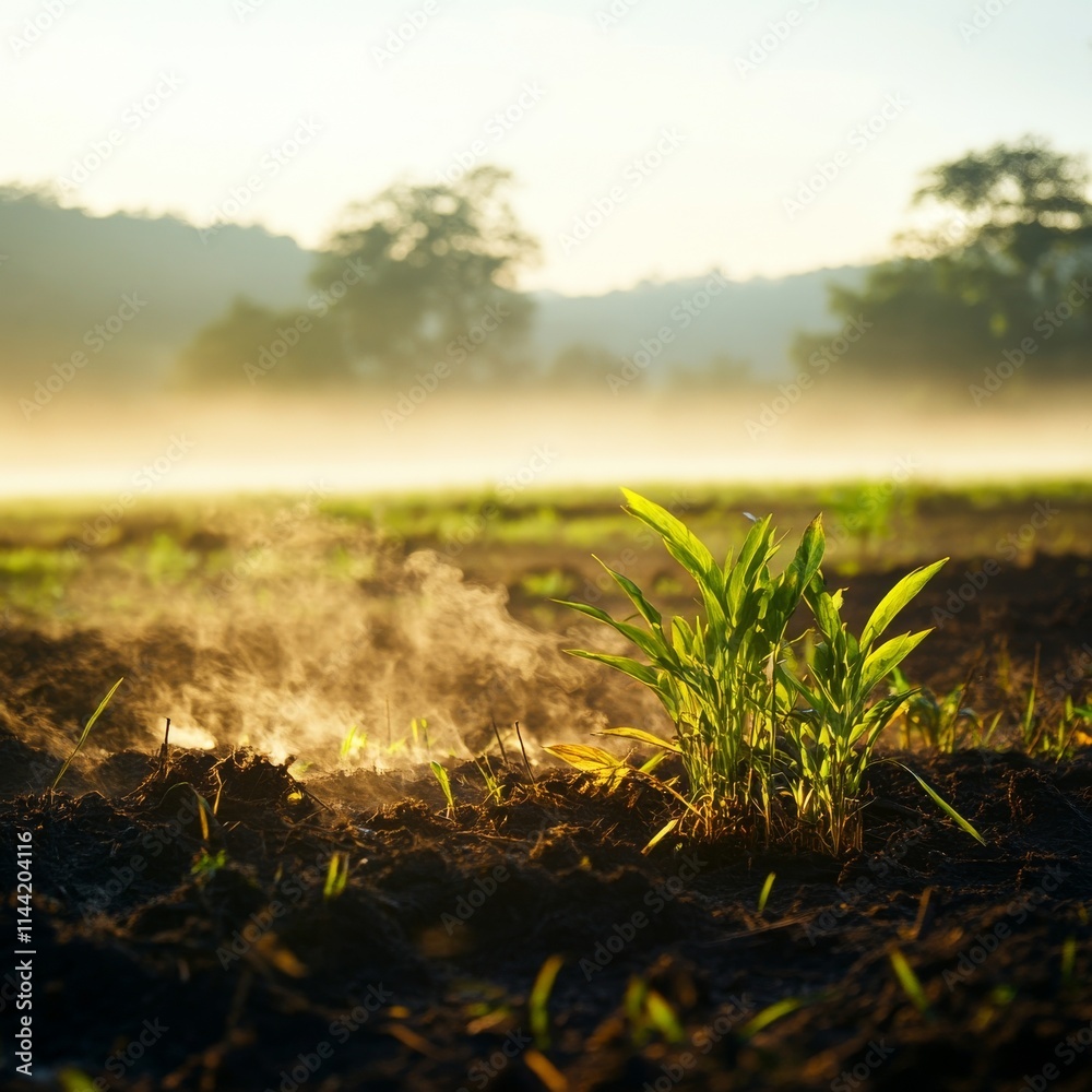 A serene morning view of dew-covered soil with a lone green plant emerging through the mist, symbolizing growth and the beauty of nature. A serene morning view of dew-covered soil with a lone green plant emerging through the mist, symbolizing growth and the beauty of nature.