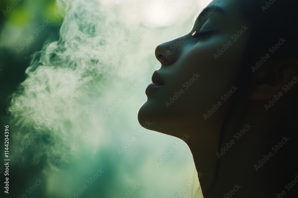 A serene profile of a woman exhaling smoke, surrounded by a soft, ethereal light that creates a tranquil and meditative atmosphere. A serene profile of a woman exhaling smoke, surrounded by a soft, ethereal light that creates a tranquil and meditative atmosphere.