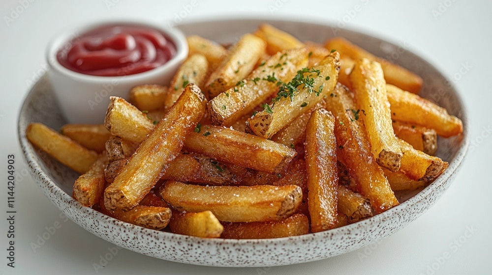 Top view of French fries with mayonnaise and ketchup on a transparent plate, isolated on a white background with high-resolution hyperrealistic details soft shadows, and sharp focus. Top view of French fries with mayonnaise and ketchup on a transparent plate, isolated on a white background with high-resolution hyperrealistic details soft shadows, and sharp focus.