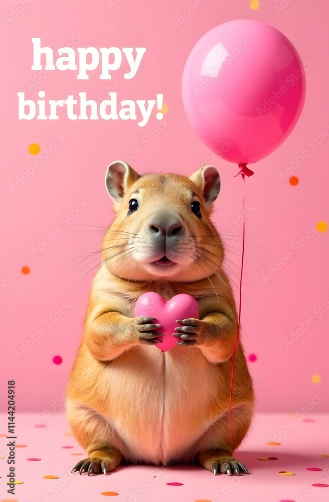 A charming birthday card features an adorable capybara happily holding a heartshaped balloon, perfect for celebration