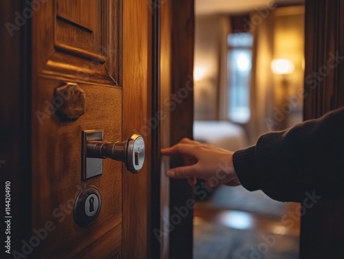 Hand opens wooden door to bedroom.