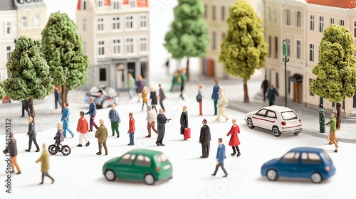 A vibrant urban scene depicting miniature figures walking and interacting in a city environment, showcasing daily life and movement in a detailed model landscape.