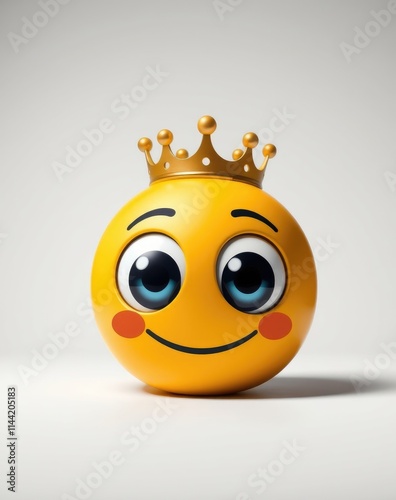 A cheerful yellow smiley face with big blue eyes and rosy cheeks wears a golden crown, symbolizing joy and playfulness in a simple, elegant backdrop photo