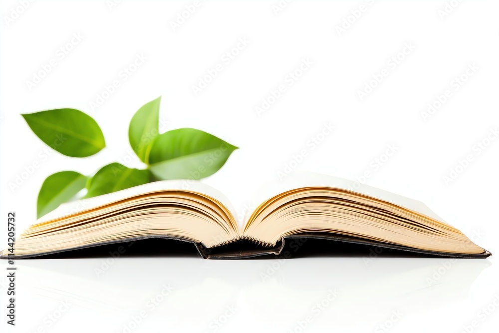 An open book with golden pages rests on a clean surface, complemented by fresh green leaves An open book with golden pages rests on a clean surface, complemented by fresh green leaves