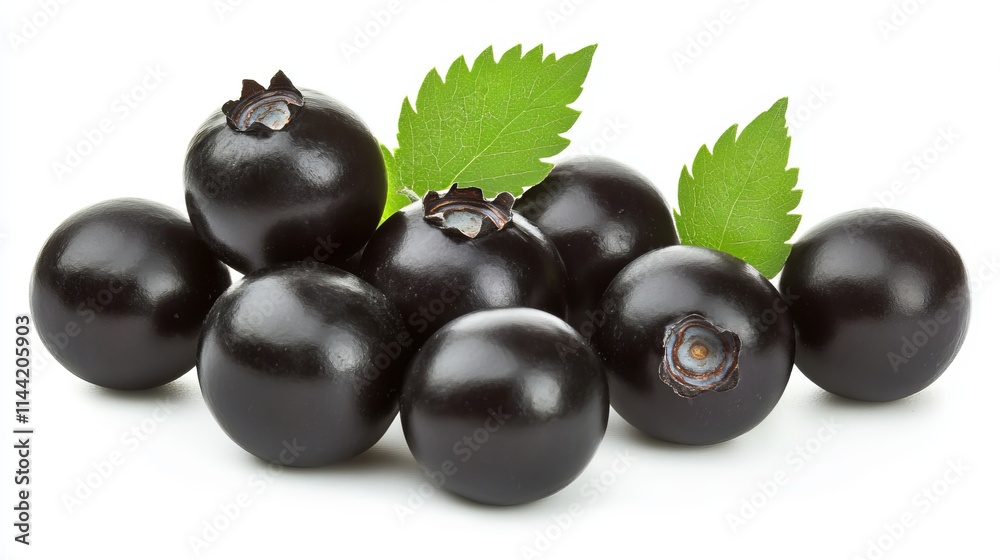 Fresh black currants with vibrant green leaves on white background Fresh black currants with vibrant green leaves on white background