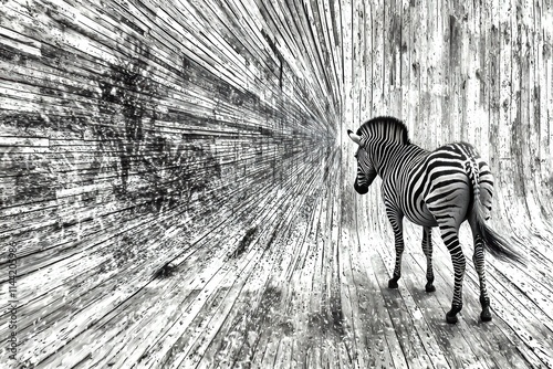 A solitary zebra stands in a dynamic black and white environment, showcasing its stripes. photo