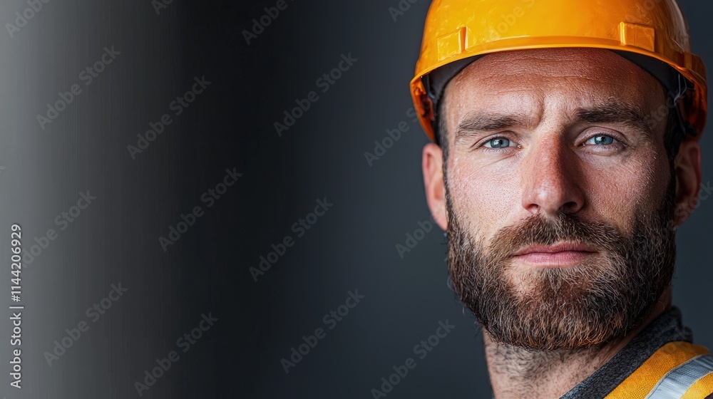 Close-up portrait of a serious construction worker wearing a hard hat. Close-up portrait of a serious construction worker wearing a hard hat.