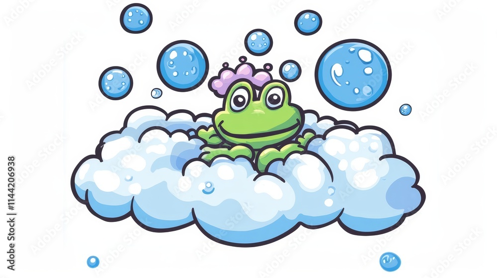 Cute frog prince sitting on fluffy cloud with bubbles Cute frog prince sitting on fluffy cloud with bubbles