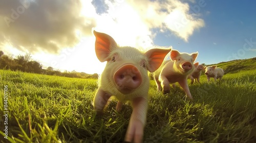 Playful Piglets Exploring a Verdant Meadow Under a Bright Sky with Soft Clouds Creating a Picturesque Farm Scene at Golden Hour in Nature's Embrace