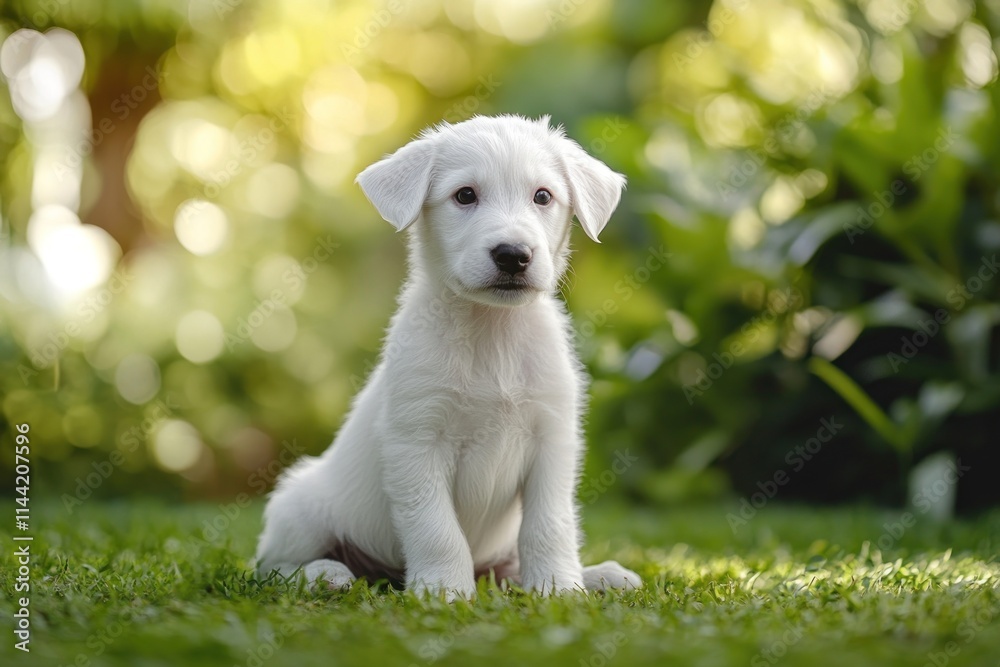 White puppy sits in grass looking at camera. White puppy sits in grass looking at camera.