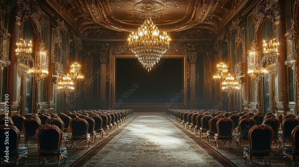 Obraz premium Luxurious ornate hall with rows of chairs and a large chandelier.